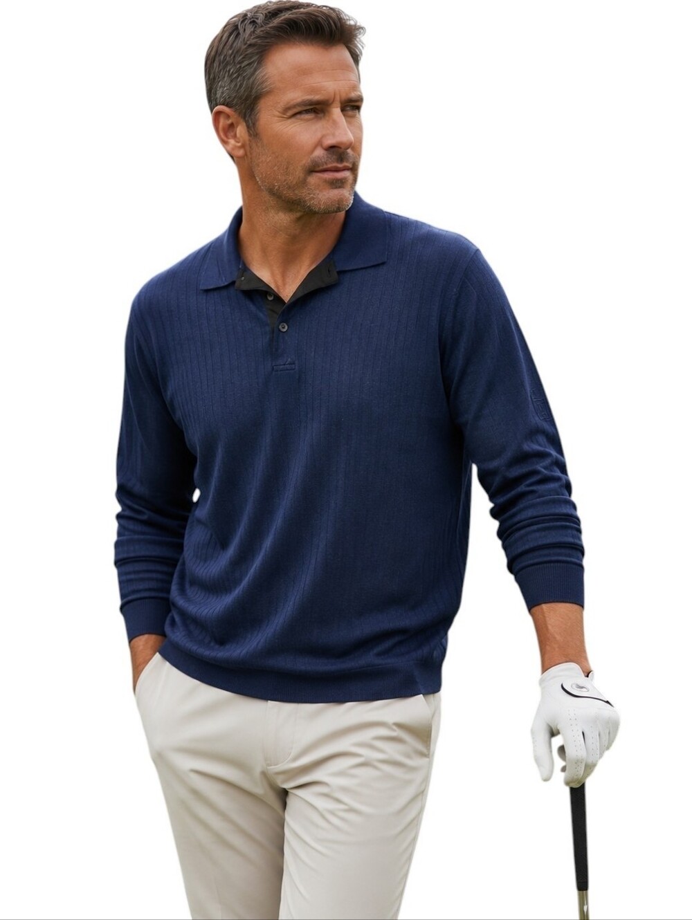 PGA Tour Men's Large Navy Long Sleeve Polo Mini Jacquard Stripe Sun Protection